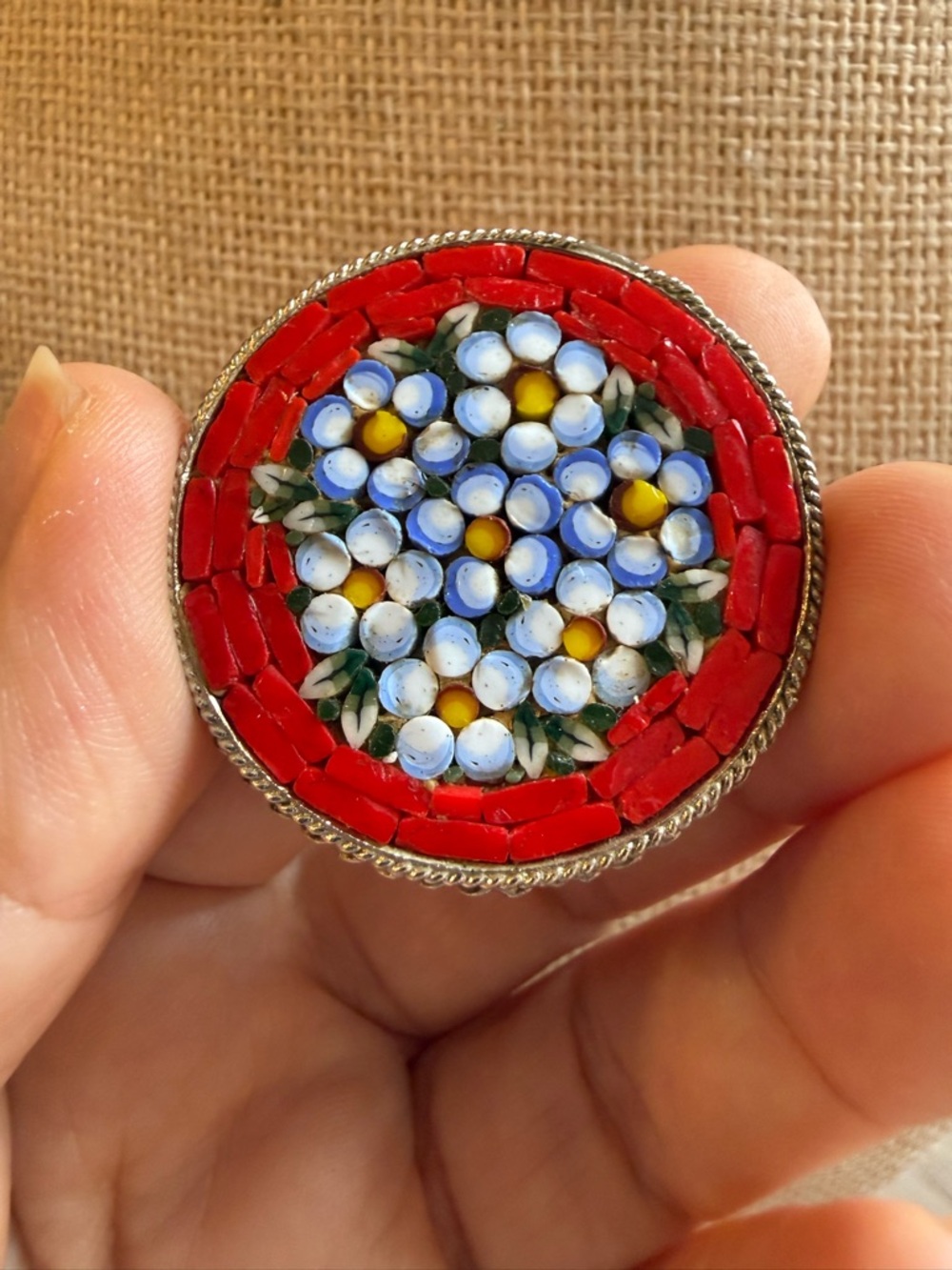 Handcrafted Red Micro-Mosaic Floral Brooch - Unbranded